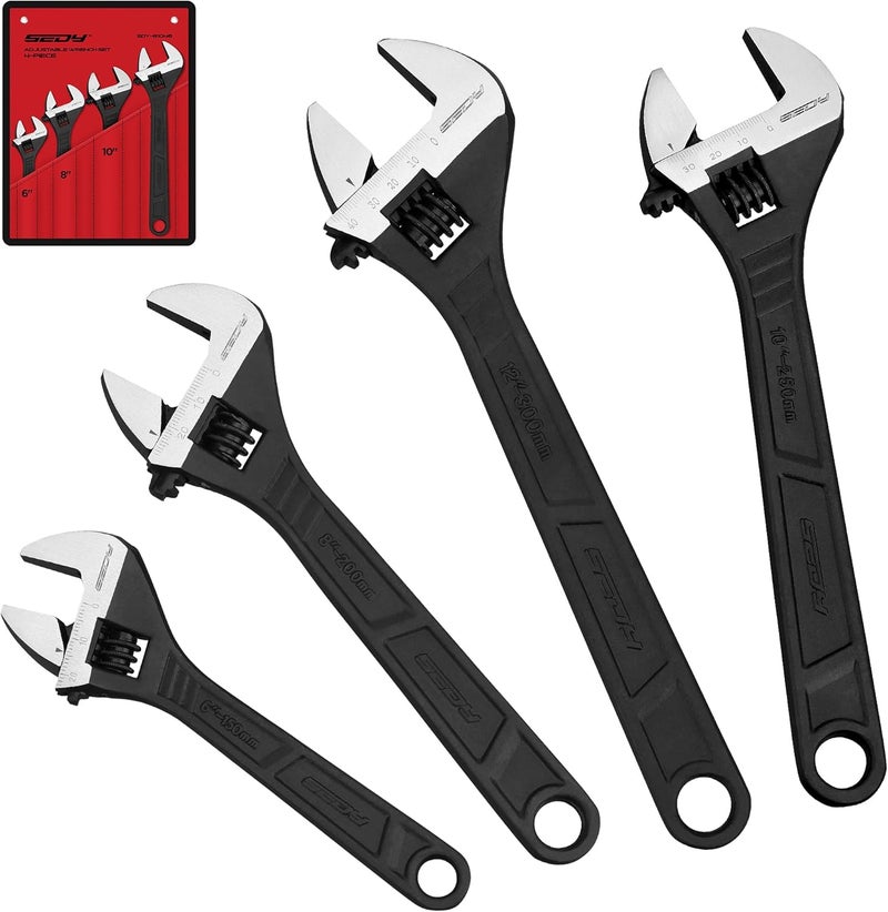 SEDY Adjustable Wrench Set Wrenches Sets: 4-Piece 6, 8, 10, 12 Inch Chrome Vanadium Steel Corrosion-Resistant Black Oxide Finish for Automotive Plumbing and Household Repairs - Image 1